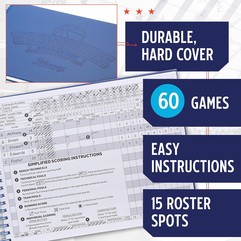 Murray Sporting Goods Premium Basketball Scorebook - 60 Games Score Book Side by Side Stat Keeping Book - Image 2